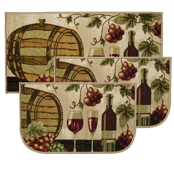Kashi Home Kitchen Rug, Printed Area Rug, Durable Floor, Door Mat, Farmhouse Non-Slip Carpet Latex Backing Beautiful Design Wine Barrel 3pc Set (2 18x30 D Shape & 1 20x40)