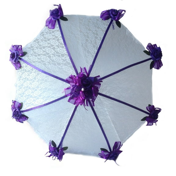 Decorated Bridal Shower Wedding White Lace Umbrella Parasol 36" Purple Roses