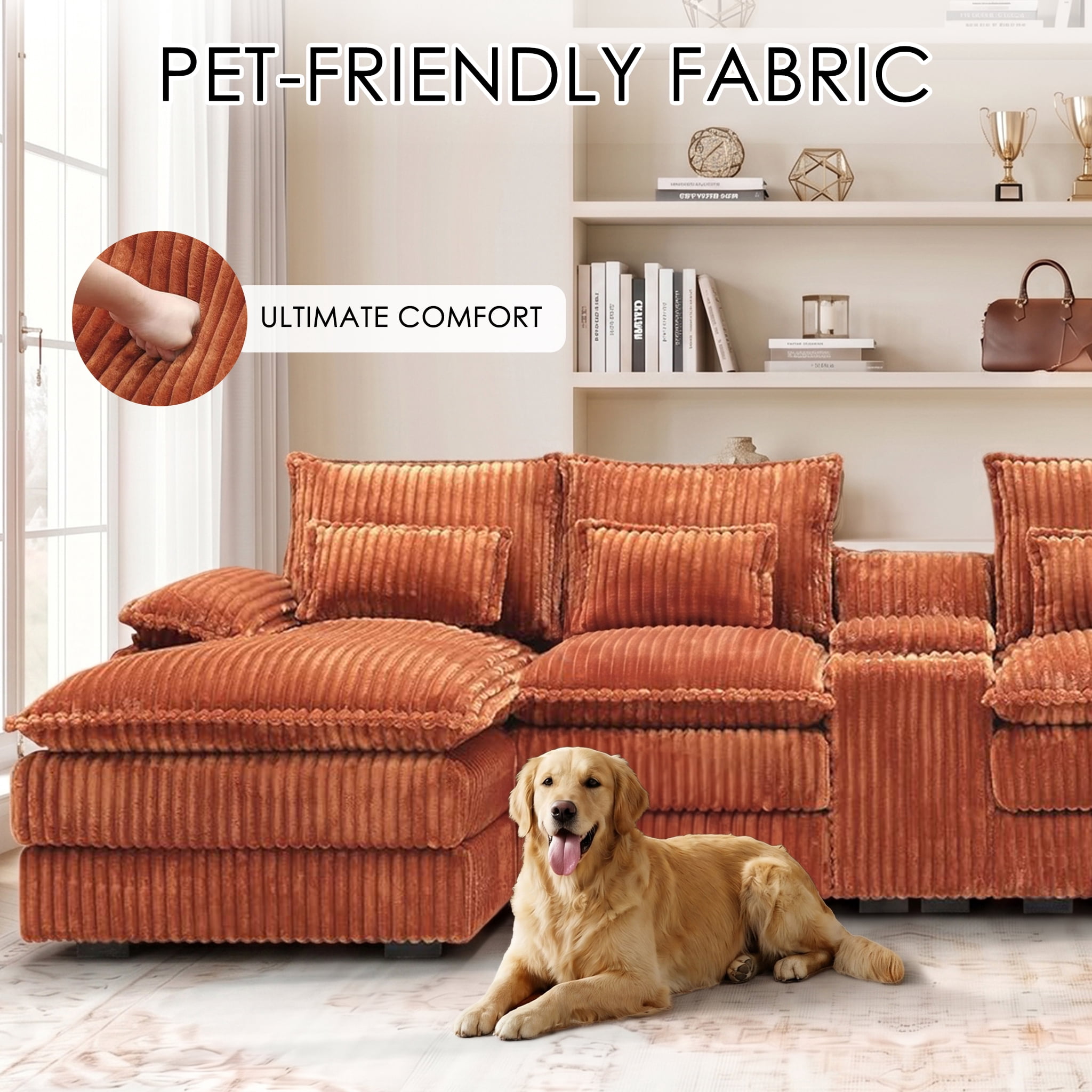 ANPPORT Luxury 124" U Shaped Cloud Modular Sectional Sofa, Corduroy Deep Seat Couch with Storage Console, USB Ports & Cup Holders for Living Room, Orange