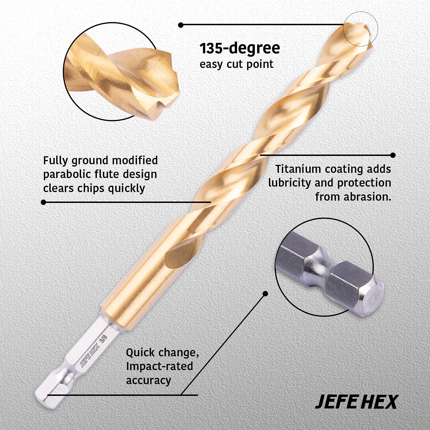 JEFE HEX 3/8" Inch Hex Shank with Titanium Coating Twist Drill Bits(Pack of 6)