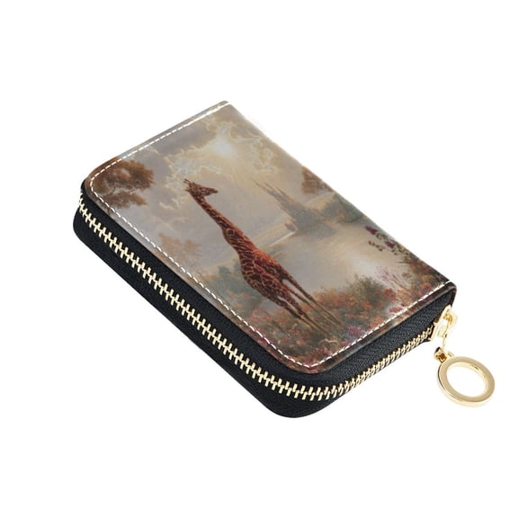PU Leather Zipper Card Case Wallet Credit Card Holder with 9 Card Slots 4.7" x 3.1" Oil Painting Of Giraffe