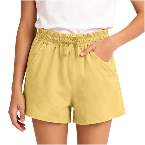 SHTXOZHI Solid Color Shorts for Girls Elastic High Waisted Shorts Cute Tie Casual School Uniform Shorts with Pockets