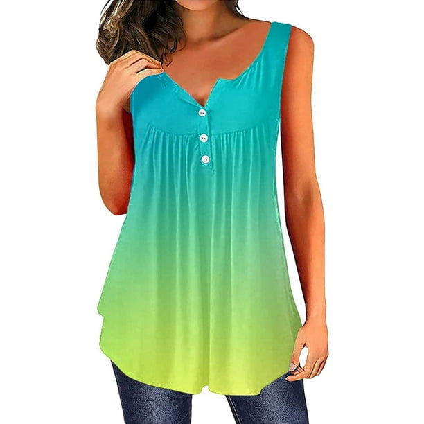 Gibobby Top de chaleco estampado degradado con cuello en V y botón simple informal de verano para mujer(Verde,CH)