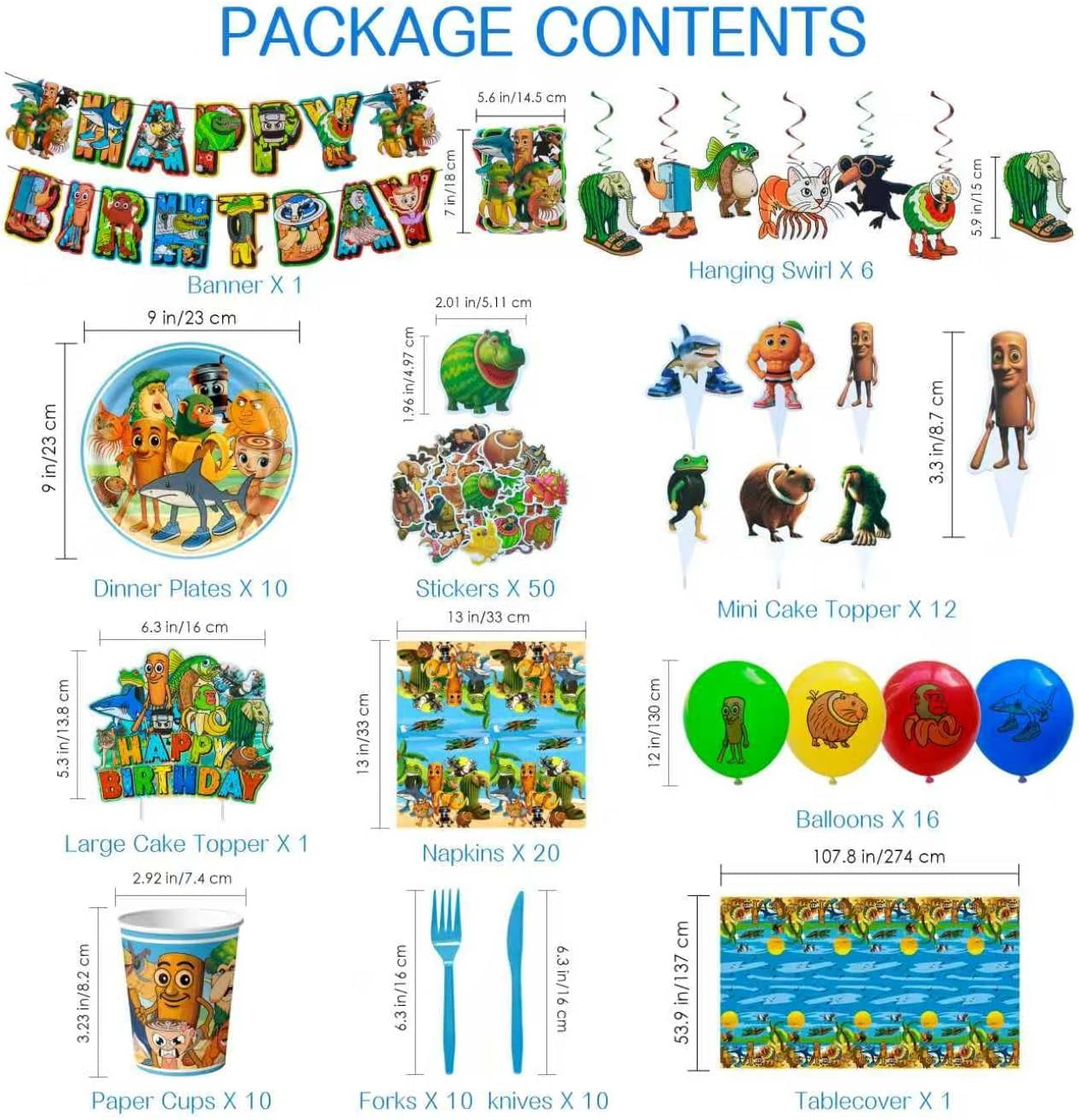 147pcs Italian Brainrot Birthday Party Decorations Set With Happy Birthday Banner, Balloons, Cupcake Toppers,Disposable Cutlery Set For Party Favors(tung tung tung sahur)