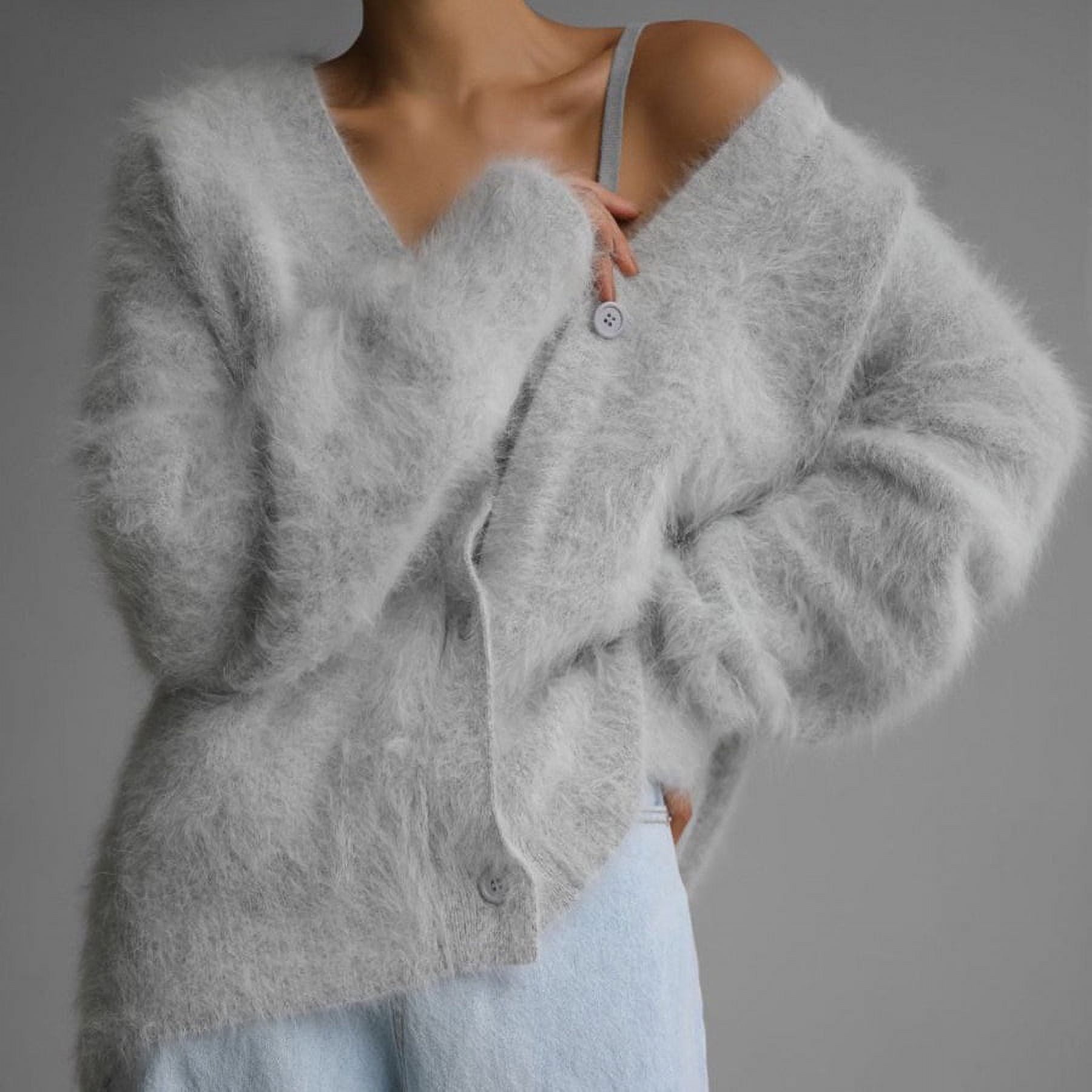SXS Cardigan Women Knitted Fluffy V-neck Oversize Sweater Long