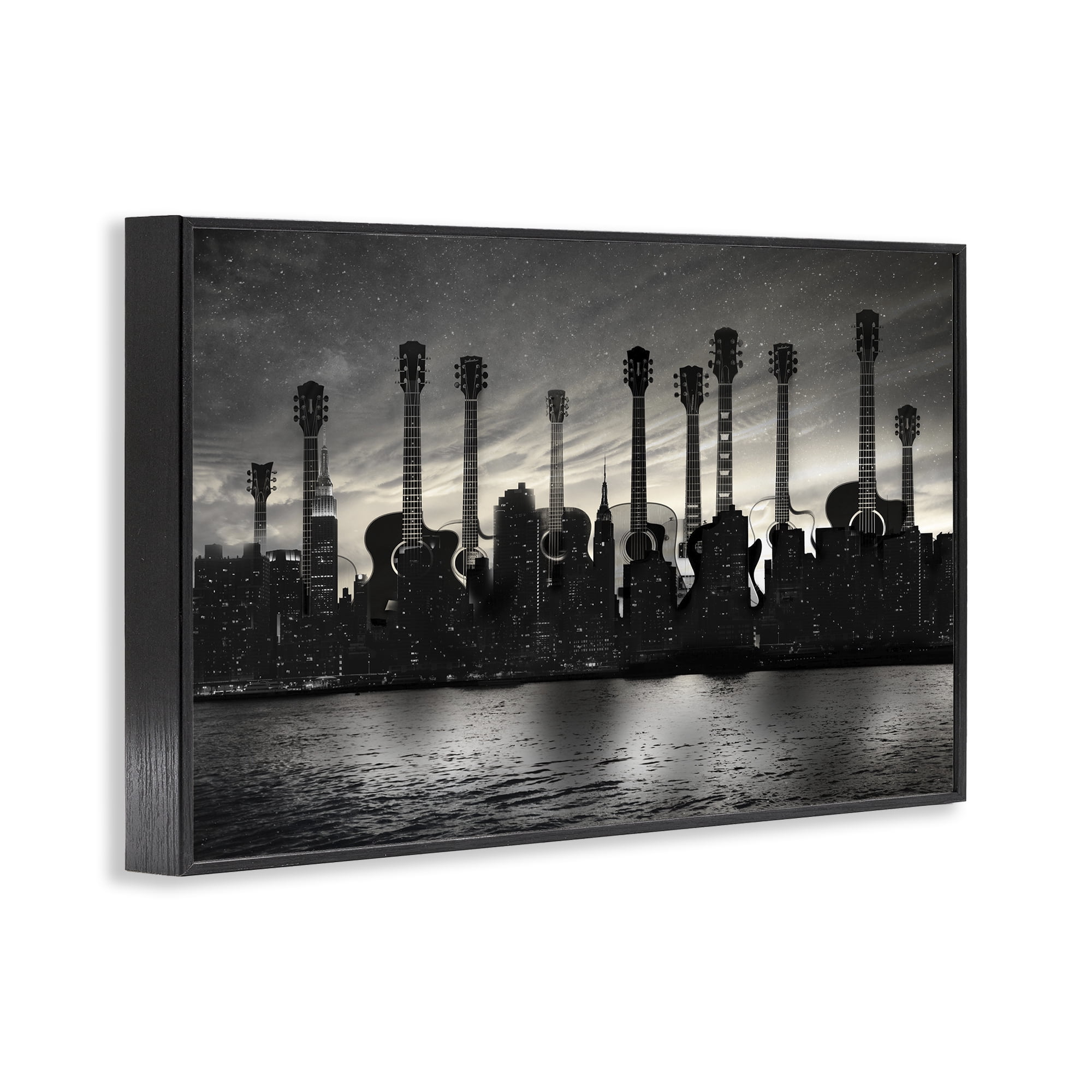 Stupell Industries Guitar Skyline Cityscape Black Framed Giclee Art, design by CAD Designs