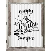 Camper RV Shower Curtains, Short Small Shower Curtain Mountain Rivers Decorations Stall Curtain for Travel Trailers, Happy Camper Fabric Bathroom Curtain with Hooks, 47 X 64 Inches