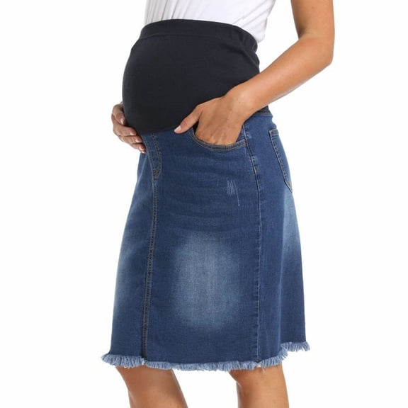 Amzcrzy Maternity Denim Skirt High Waist Over Belly Support Frayed Hem Stretch Jean Skirts with Pockets Tassel Casual Loose Maternity Skirt
