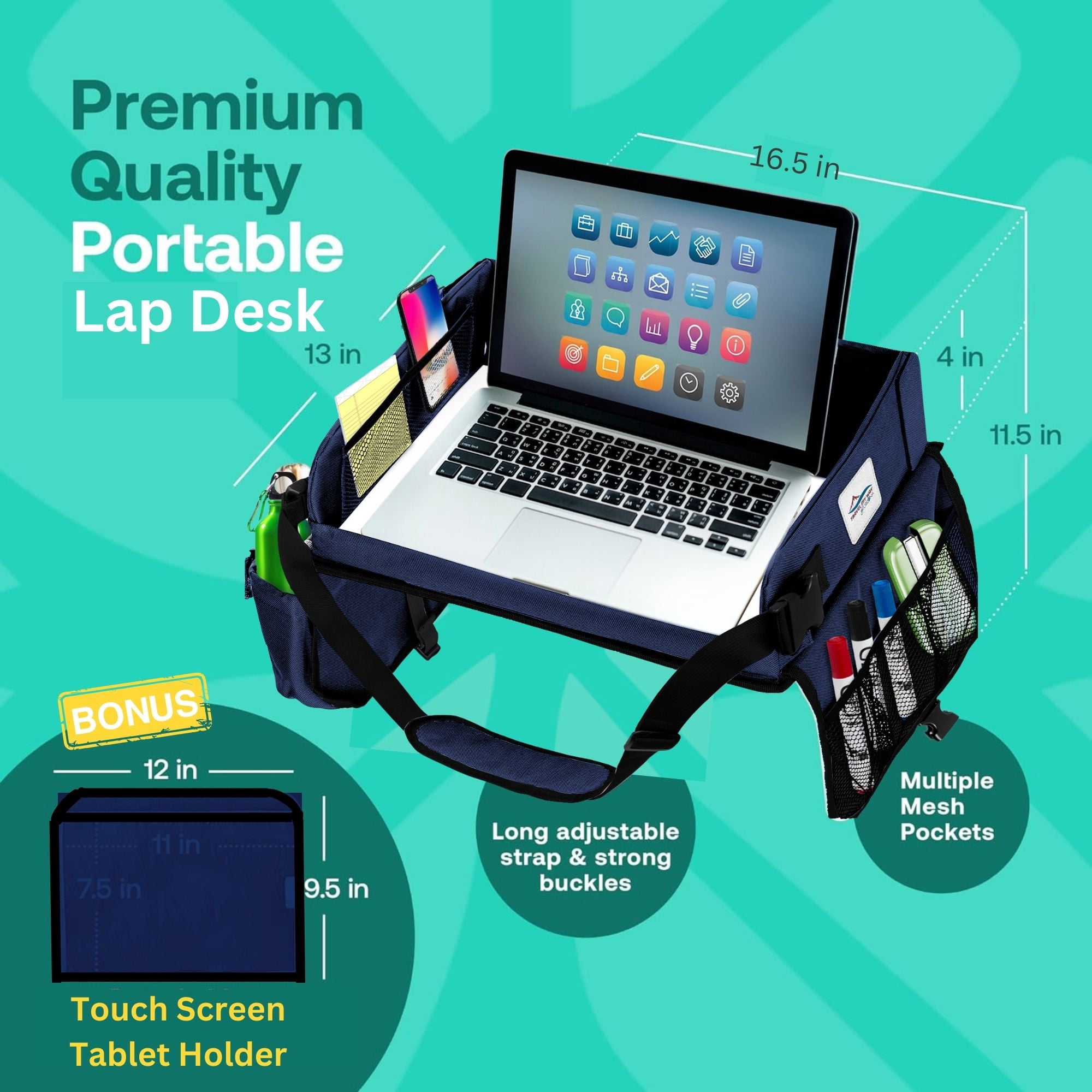 Cerizona Travel Lap Desk - Travel Tray,  Portable Lap Desk for Car, Remote Work, Trips, School - Storage Pockets, Laptop Tablet Sleeve, Adjustable Carrying Strap - Fits up to 15.6-Inch Laptop (Navy)