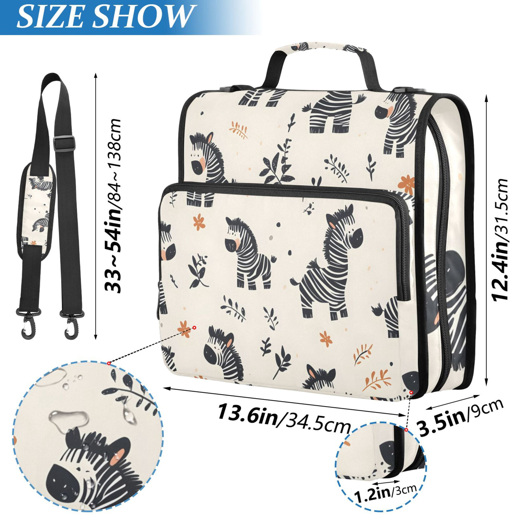 3 Ring Zipper Binder with Shoulder Strap Waterproof Trapper Keeper 2 Inch D-Ring 500 Sheets Capacity Cartoon Zebras and Leaf