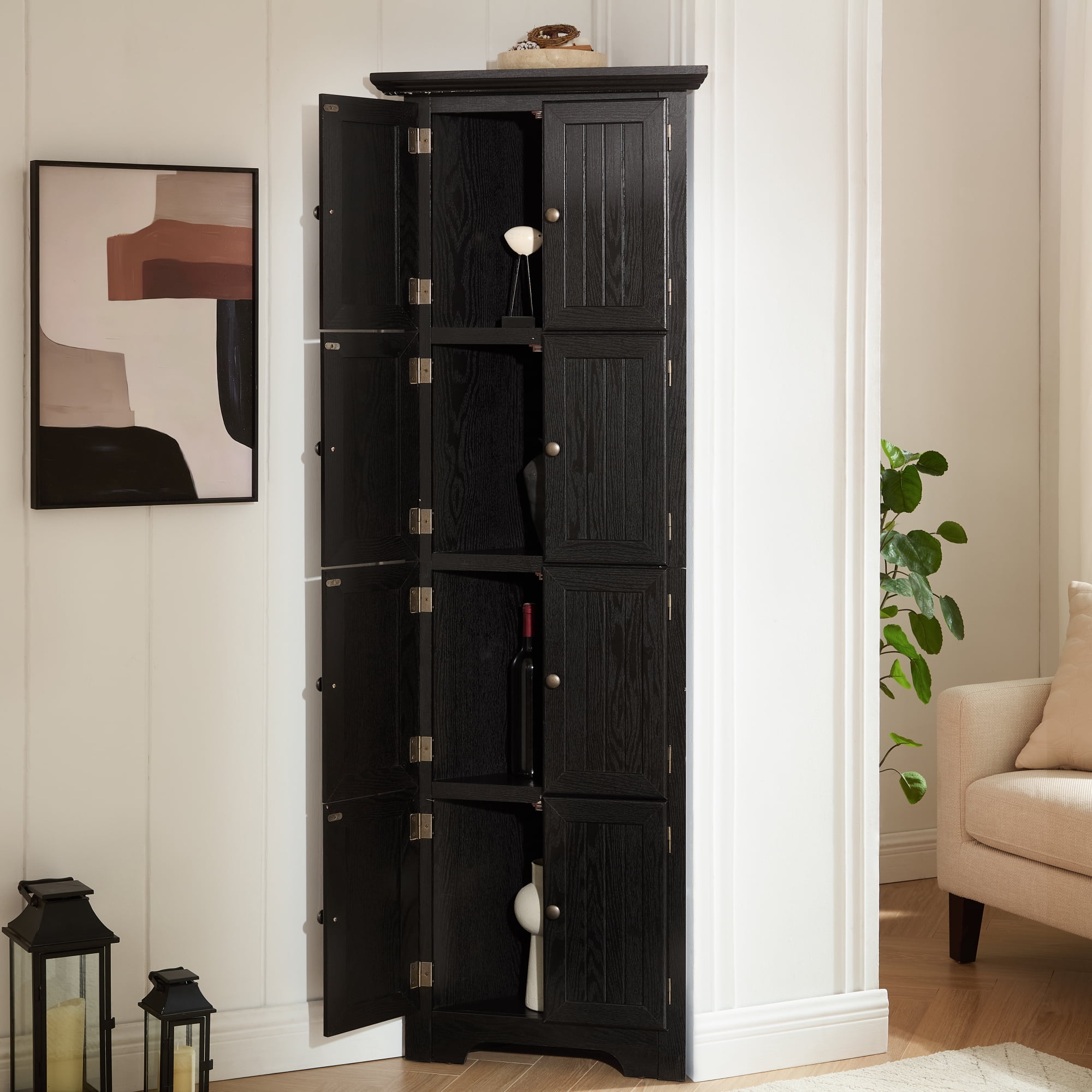 Leumius 4-Tier 72" Corner Kitchen Pantry Storage Cabinet with 8 Doors Tall Storage Cabinet, Corner Cabinet and Shelves, Bookshelf Cabinet for Bathroom, Living Room, Kitchen Black