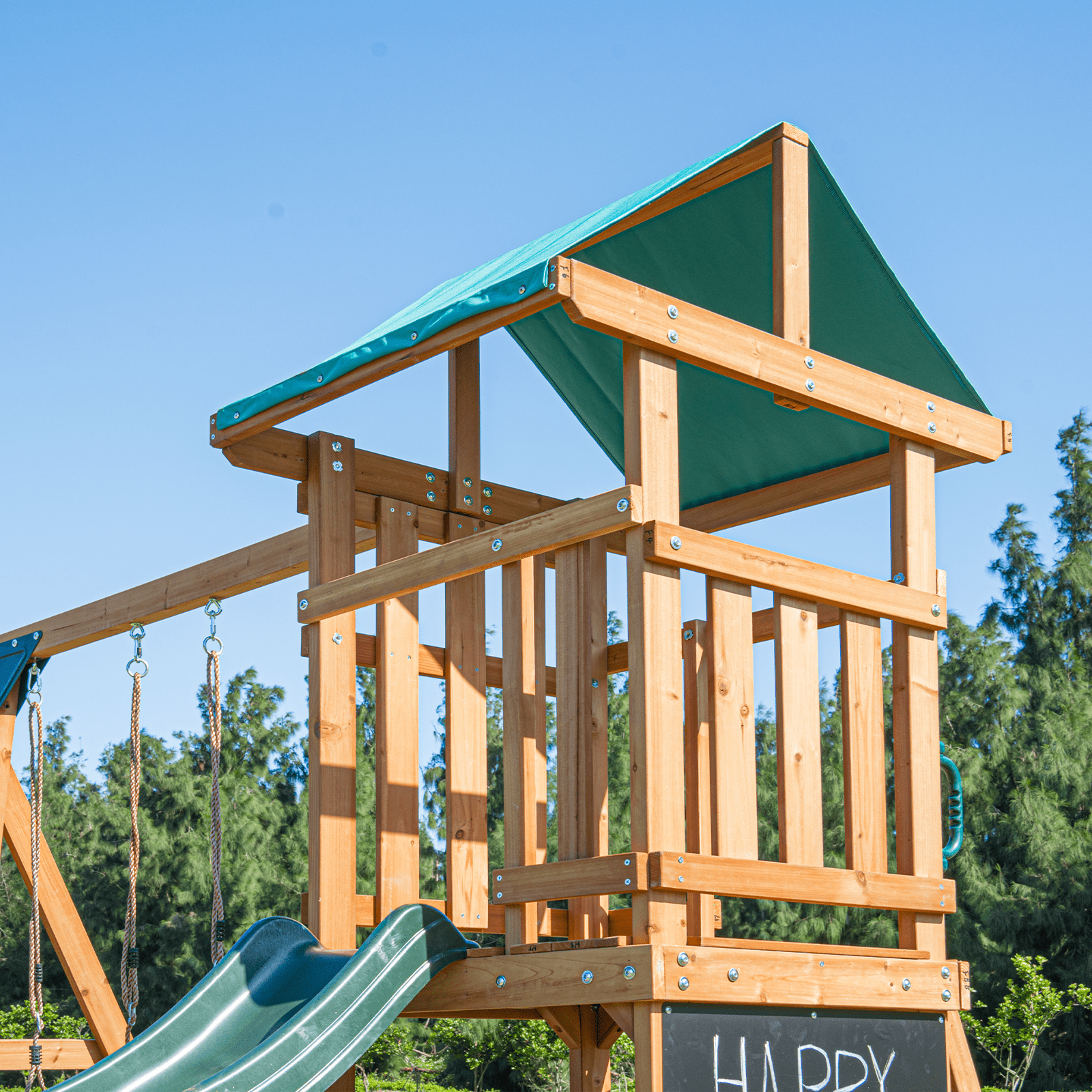 DOLPHIN PLAYGROUND Wooden Outdoor Playset with Dual Swings, Slide, and Playhouse - Rounded Edges