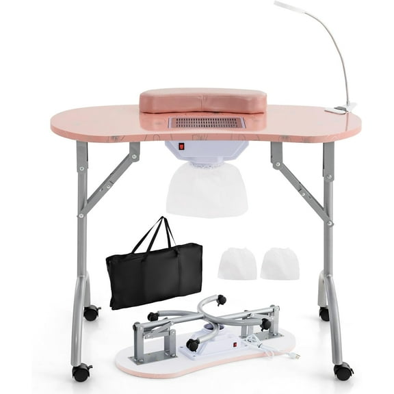 DORTALA Portable Nail Desk, Nail Table Station for Nail Techs w/Electric Dust Collector, Bendable LED Lamp, Removable Armrest Pad, Folding Manicure Table with Lockable Wheels for Home, Salon, Pink