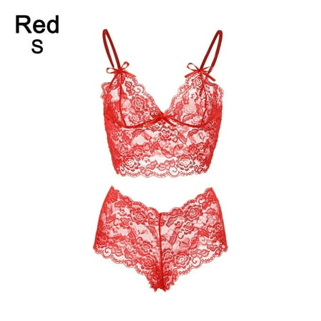 

Top Sexy Sleepwear Lace Pajama Set Women Underwear Cami Top with Panty RED S