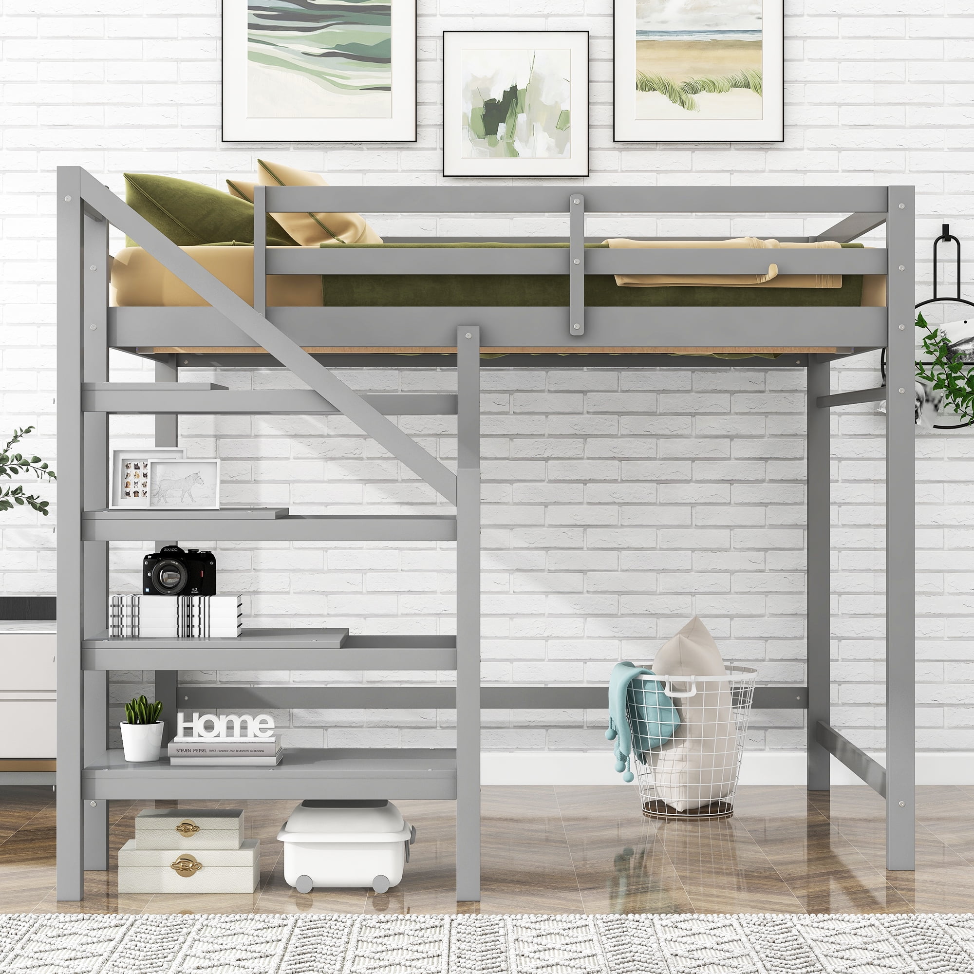 Euroco Full Size Loft Bed with Shelf and Hanger for Kids Teens Bedroom, Gray