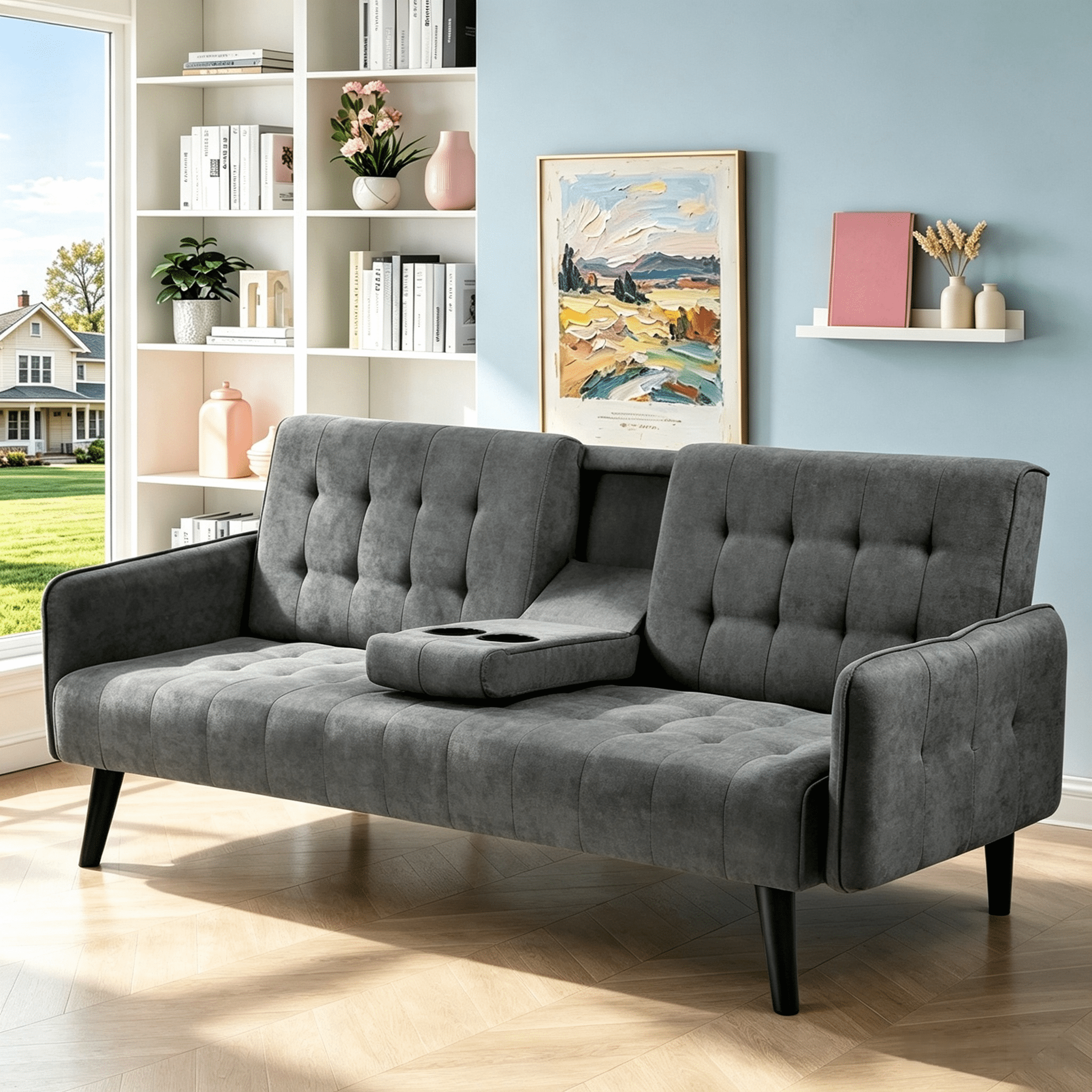 Gewnee 72" Sleeper Sofa Bed, Convertible Linen Futon Couch with Folding Backrest with Cup Holder,Modern Couch for Home and Guest Room，Dark Gray