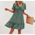 thumbnail image 4 of Mutural Summer Beach Dress Ladies Short Sleeve Solid Color Purfle Lace V Neck Mini Sundresses For Women Large Green, 4 of 5