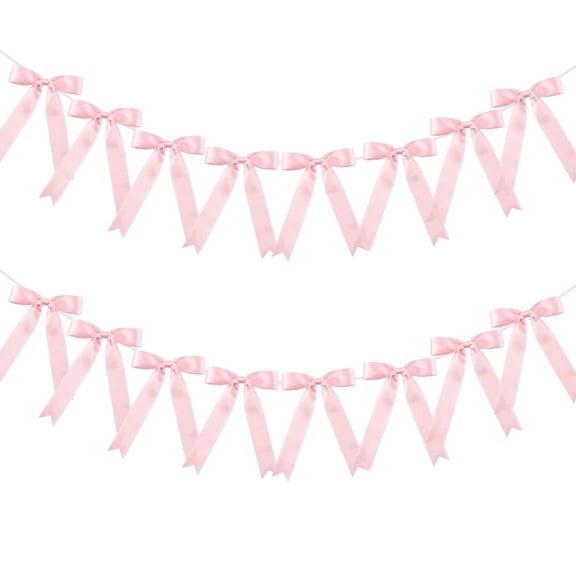 Kabuer Pink Bow Garland Banner Pre-strung Satin Bow Garland for Birthday, Baby Shower Party, Bachelorette Party Decor 2 Pack