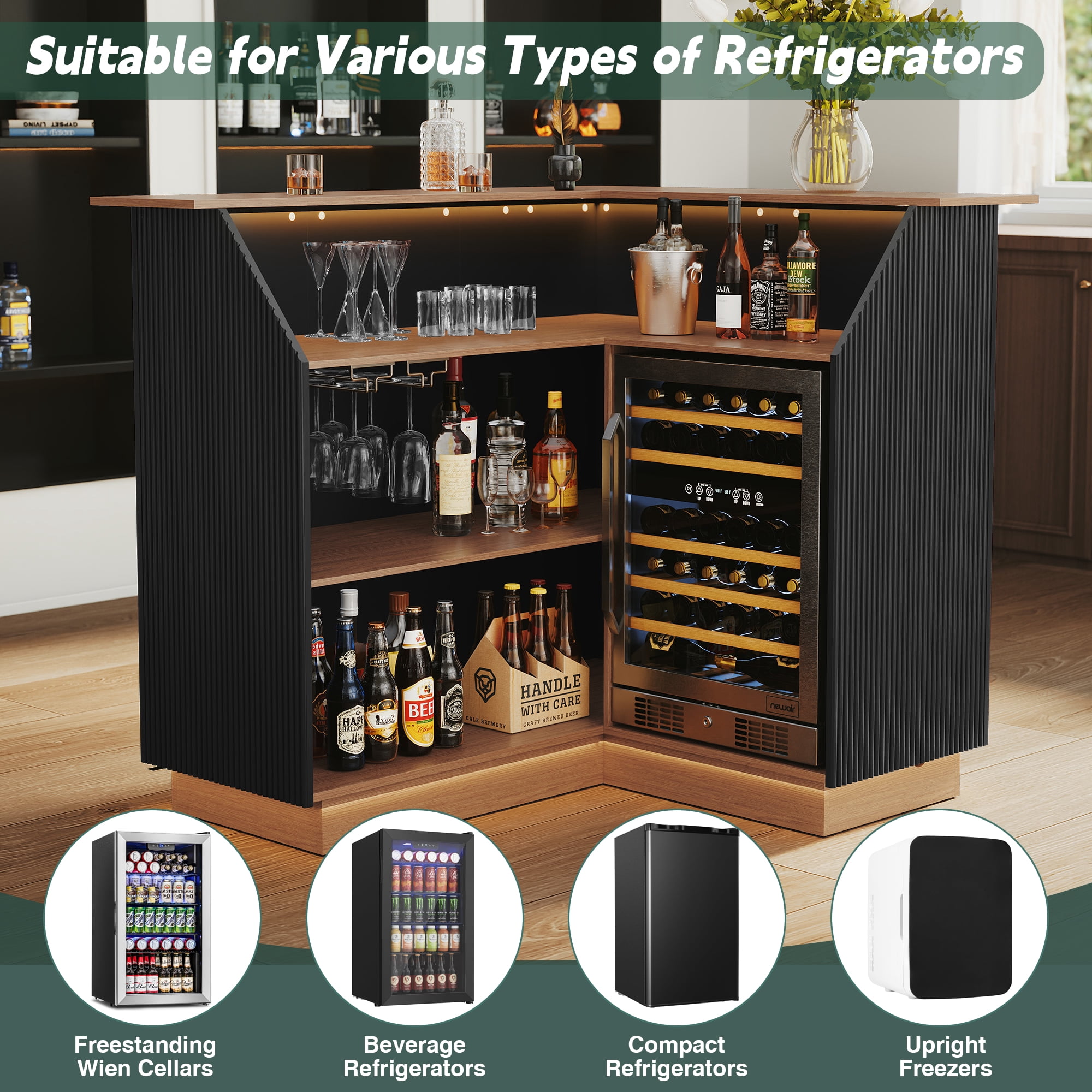 HLR L-Shaped Home Bar Cabinet with Fridge Space, 4-Tier Corner Bar Unit Wine Cabinet with Storage, Black