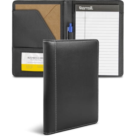 Contrast Stitch Faux-Leather Portfolio, Mini Size Business Interview Professional Padfolio, Includes 5 x 8 Inch Writing Pad,