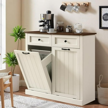 Haverchair Double Tilt Out Laundry Hamper Cabinet, Modern Farmhouse Trash Can Cabinet w/2 Drawers, Wooden 20 Gallon Hidden Garbage Cabinets with 2 Laundry Storage Baskets for Kitchen and Bathroom