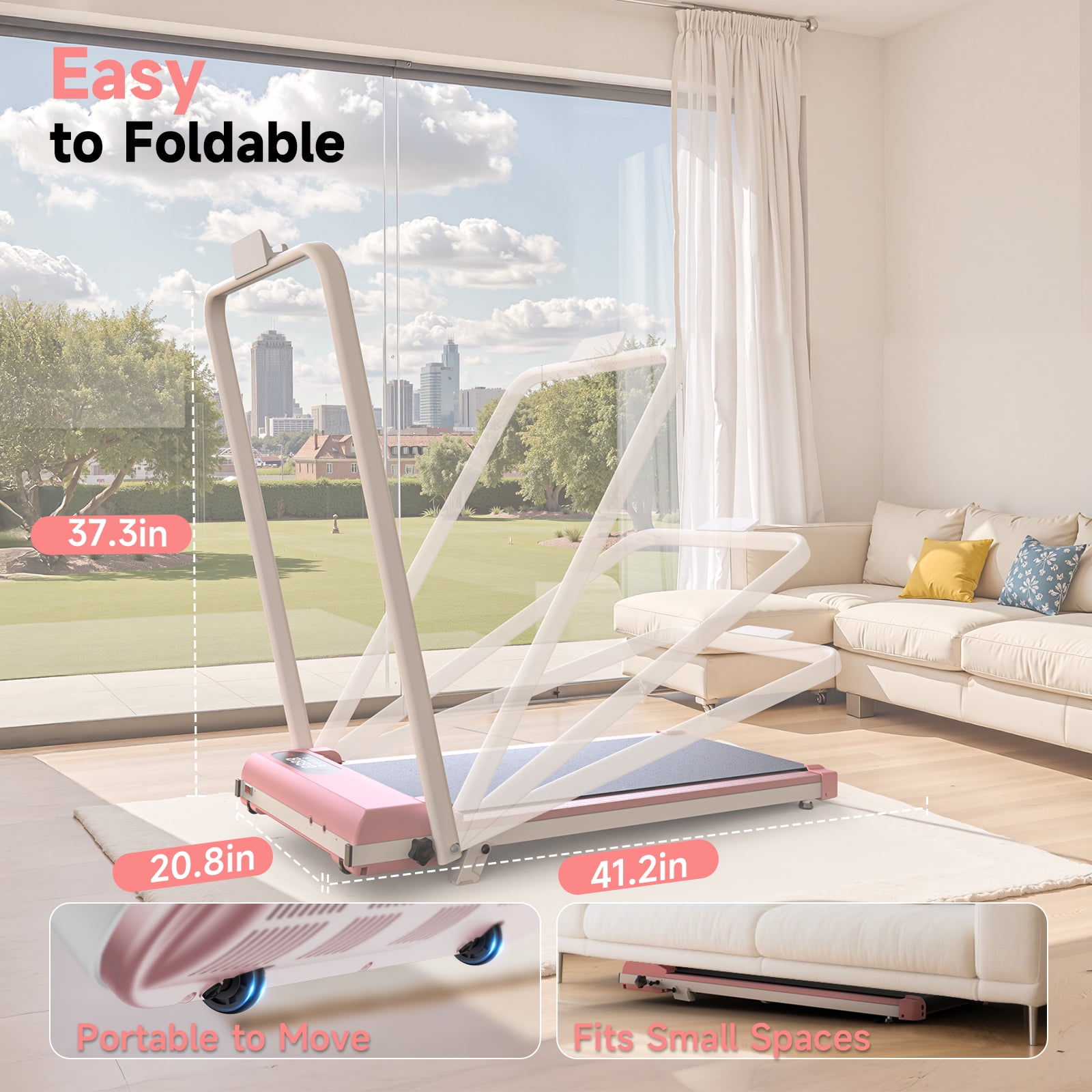 Evitormill 4 in 1 Foldable Treadmills with Handle/Handrails - 2.5HP Low Noise Folding Walking Pad, Supports 265 Lbs (Pink)