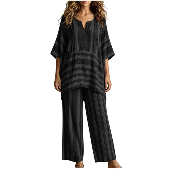 Plus Size Two Piece of Outfits for Womens Pinstripe V- Neck Short Sleeve Elastic Waist Pocket Long Pants Sets