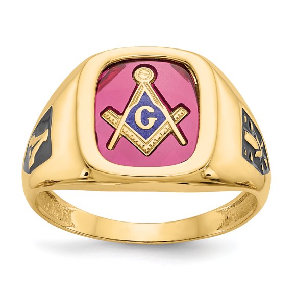 10K Yellow Gold Red Acrylic Mens Masonic Ring