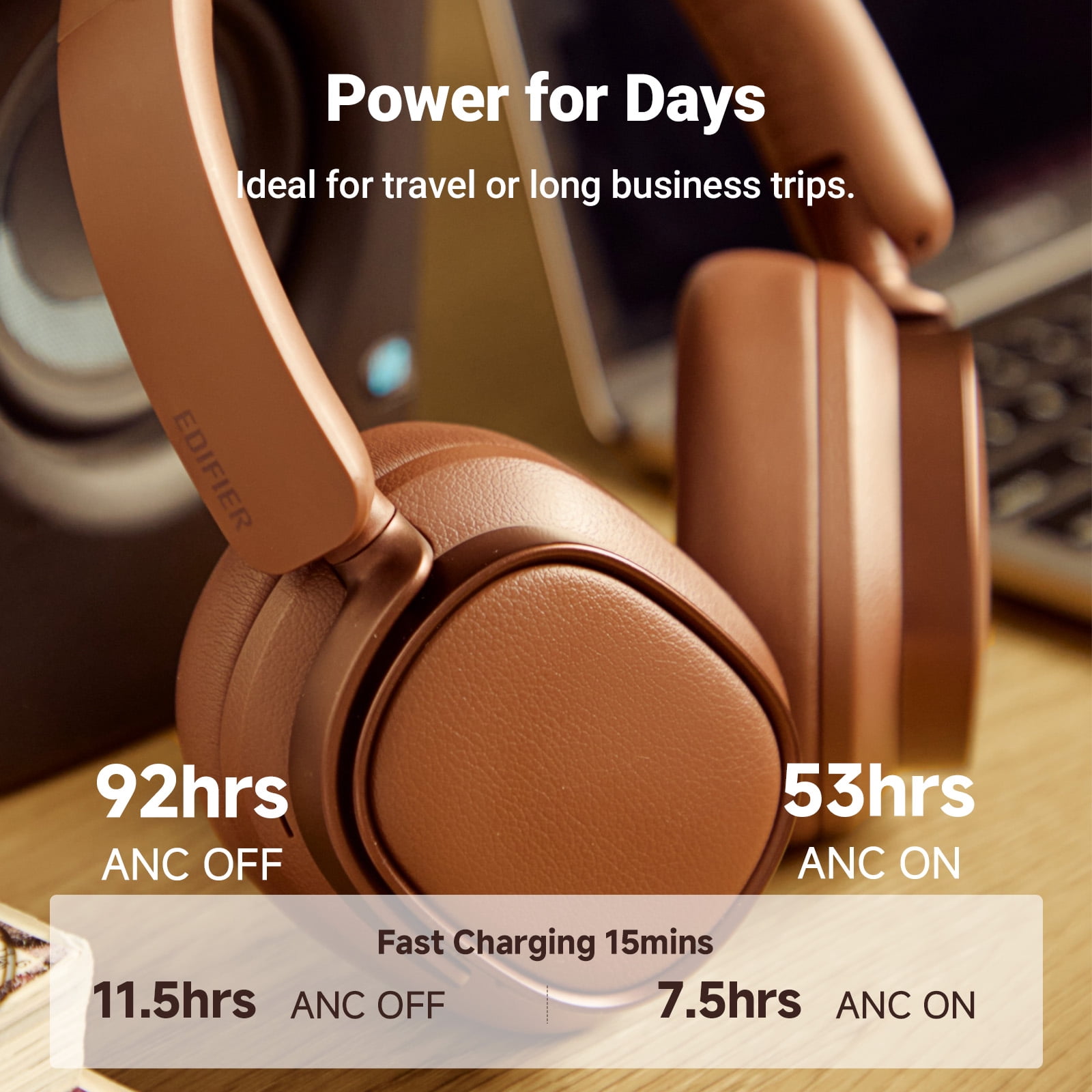 Edifier Bluetooth Active Noise Cancelling Headphones, 92H Playtime Hi-Res Audio Certified, Fast Charging - Brown