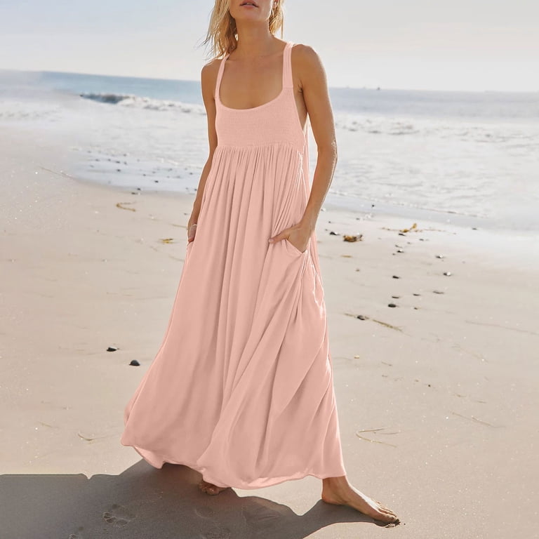 holiday a line dress safuny Women's Tea Length Solid Color Sleeveless Scoop Neck Elegant Casual Comfy Side Split Trendy Dresses Pink XL Length Embellishment