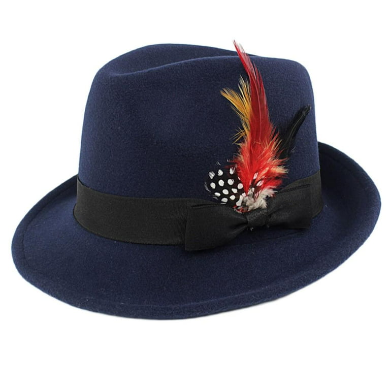 Men Fedora Hat Wool Felt Crushable Handmade Bowknot Feather Navy