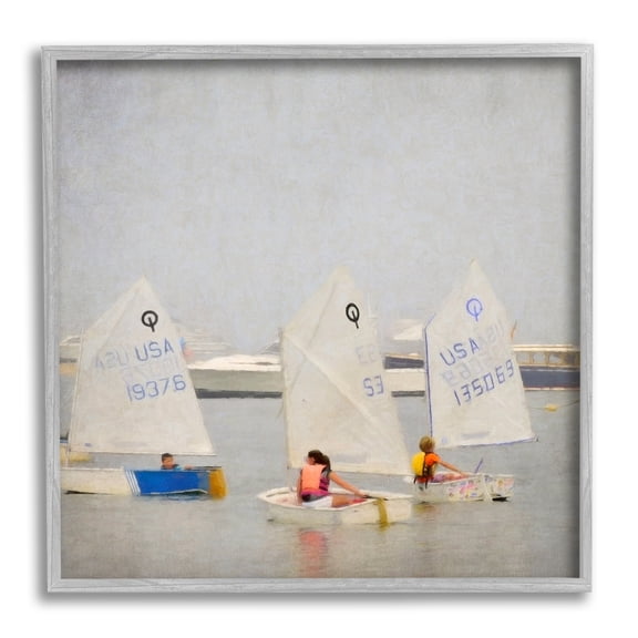 Stupell Industries People Floating Dinghy Boats Watercraft Ocean Scenery Painting Gray Framed Art Print Wall Art, Design by Graffitee Studios