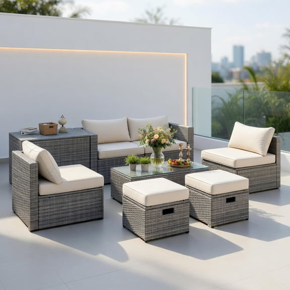 Topcobe 8 Pieces Patio Rattan Furniture Set with Storage Waterproof Cover and Cushion, Outdoor Deck Furniture, Off White