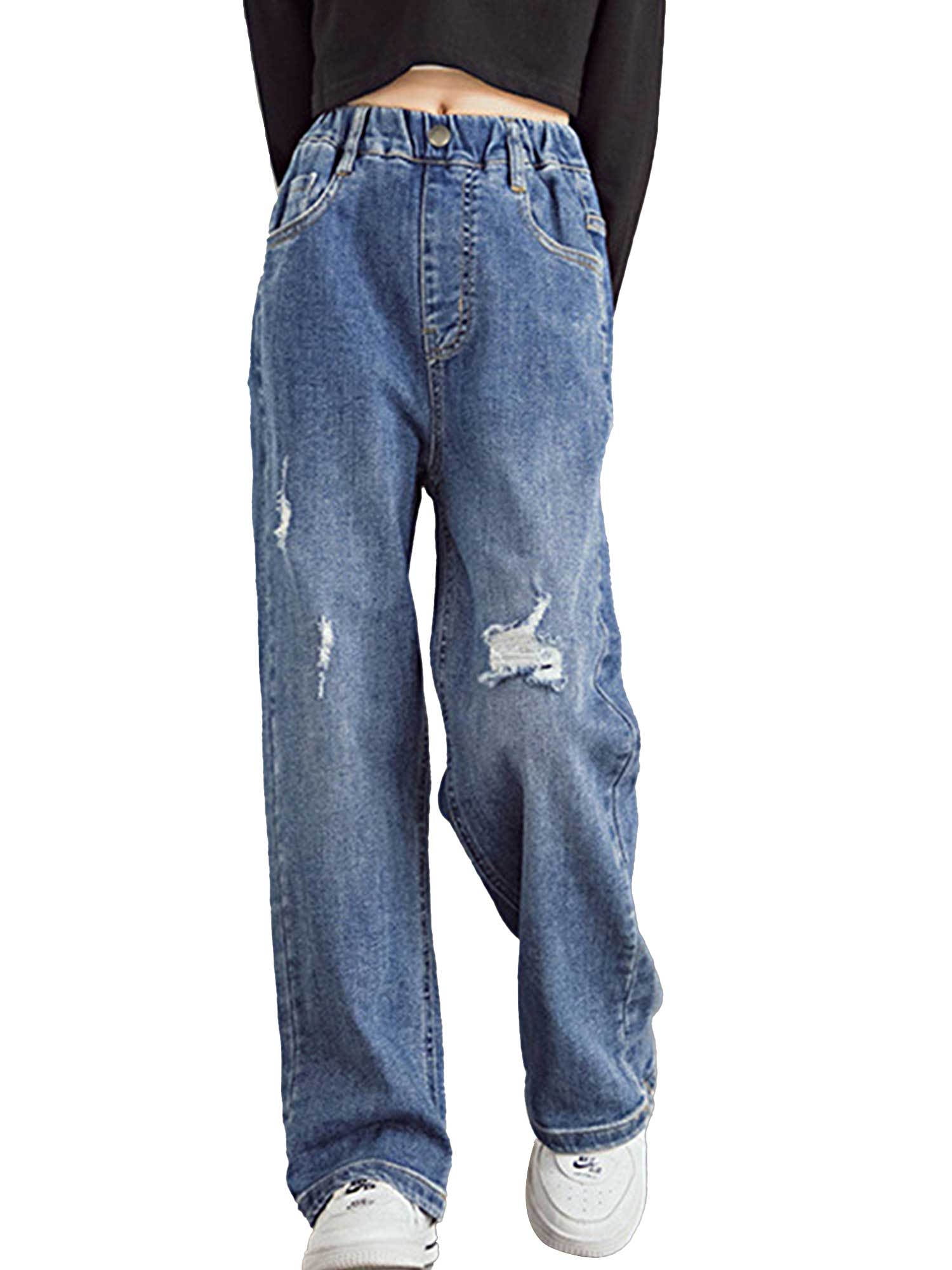 iEFiEL Kids Girls Loose Fit Ripped Denim Casual Leg Distressed Jeans Blue 7-8 - Walmart.com