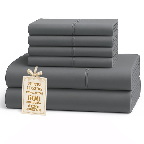 Casa Platino Juego de Sábanas Queen – Sábanas 100% Algodón de 600 Hilos, Acabado de Satén Suave de Lujo para Hotel, Bolsillo de 15” de Profundidad, 2 Fundas de Almohada Adicionales – Carbón