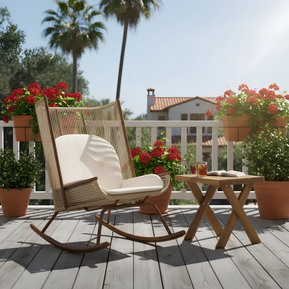 Christopher Knight Home High Back Outdoor Rocking Chair with Acacia Cross Base Side Table, Beige
