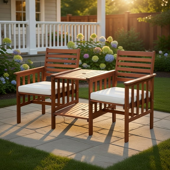 Topcobe 3 Pieces Patio Furniture Set, Outdoor Patio Table Chairs Set Acacia Wood Loveseat, White