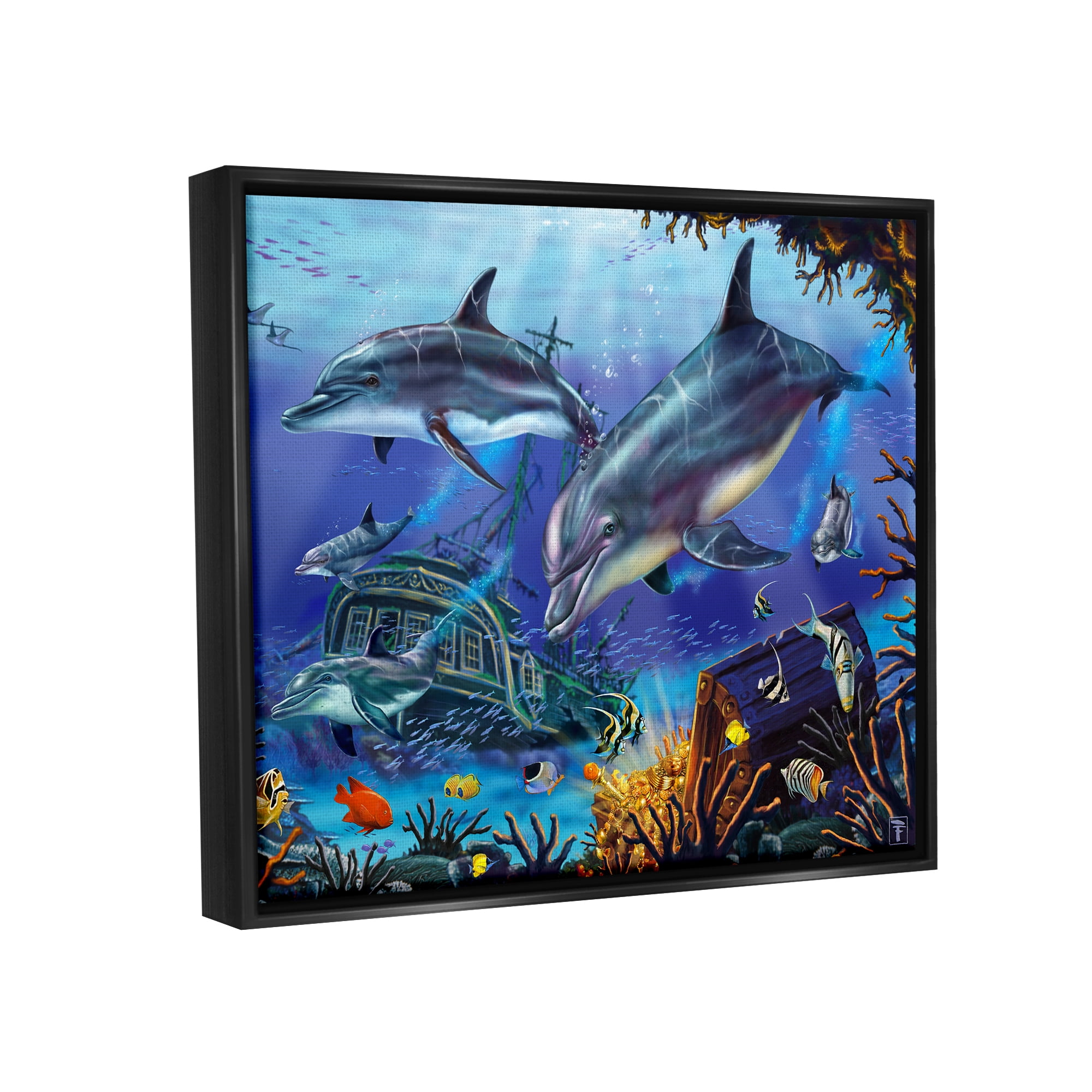 Stupell Industries Underwater Shipwreck & Treasure Coastal Painting Black Floater Framed Art Print Wall Art