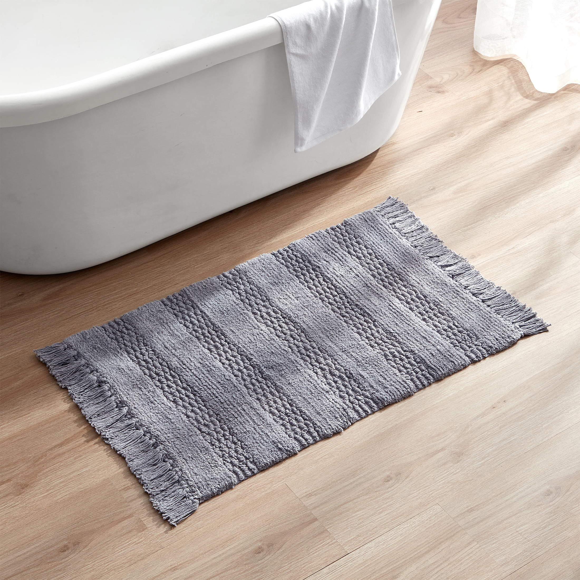 My Texas House Lancaster Stripe Fringe Cotton Bath Rug , Grey, 20" x 32"