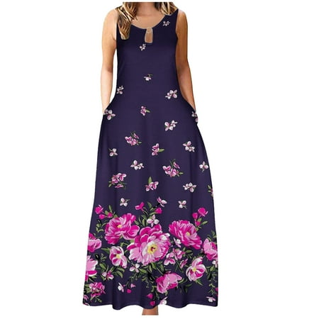 

YanHoo Women s Maxi Dresses Sleeveless Round Neck Keyhole Large Swing Dress Summer Casual Loose Dress with Pockets