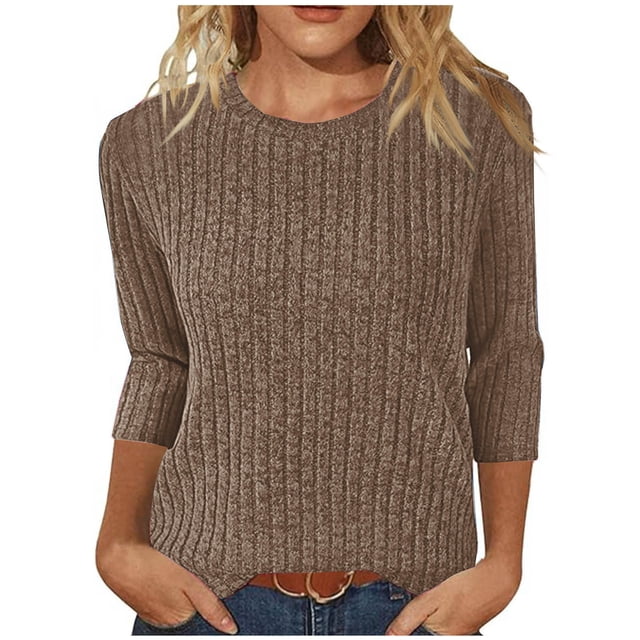 cfhntfmh Hauts en Tricot Côtelé à Manches 3/4 pour Femmes, Tunique à Col Rond, Chemisiers, Chandail, Doux, Tenues de Mode d'Automne pour Femmes
