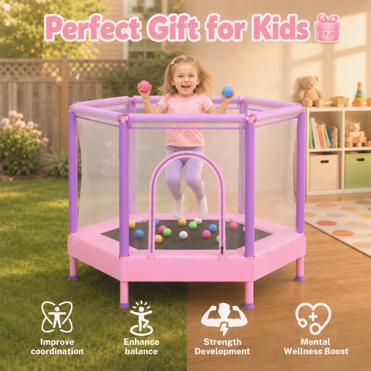 55" Toddler Trampoline with Enclosure Net & Ocean Balls, SHINPT Kids Trampoline for Toddlers Ages 3+, Indoor Trampoline with No Gap Design, Small Trampoline for Kids Room, Living Room, Ideal Gift