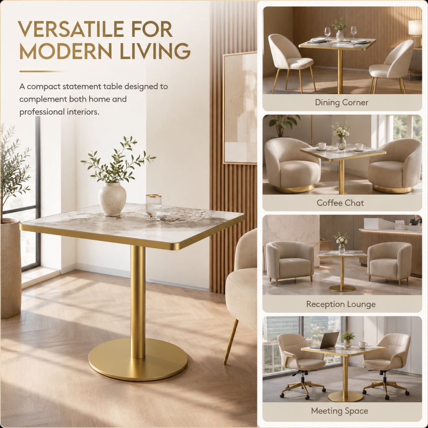 Miniyam 31.5 in Square Dining Table, Glossy Marble-Look Small Kitchen Table with Titanium Gold Feet, Cloud Gray Vein