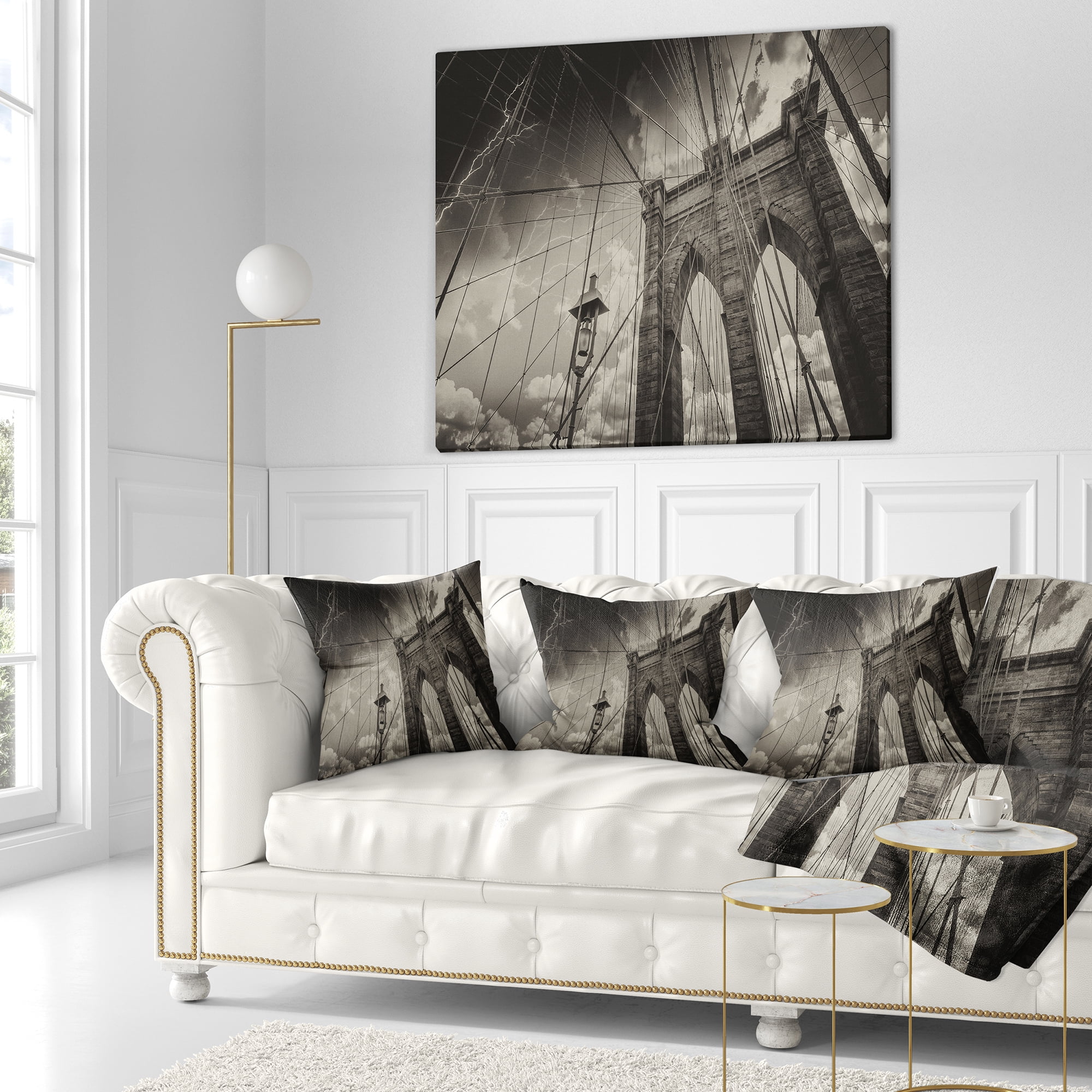 Designart Upward View of Brooklyn Bridge - Cityscape Photo Throw Pillow - 16x16