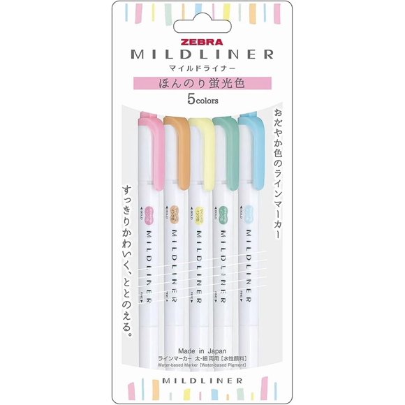 Zebra WKT7-5C-N Highlighter Set, Mildliner, 5 Faint Fluorescent Colors