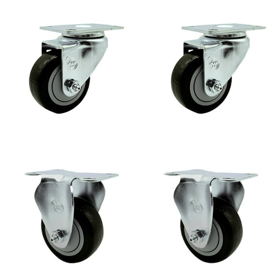3 Inch SS Black Polyurethane Swivel Top Plate Caster Set with 2 Rigid SCC