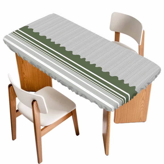 Dark Green Striped Table Cloths for 4 Foot Rectangle Tables, Abstract Modern Geometric Stripes Patio Waterproof Elastic Fitted Tablecloths, Washable Rectangular Table Cover for Camping