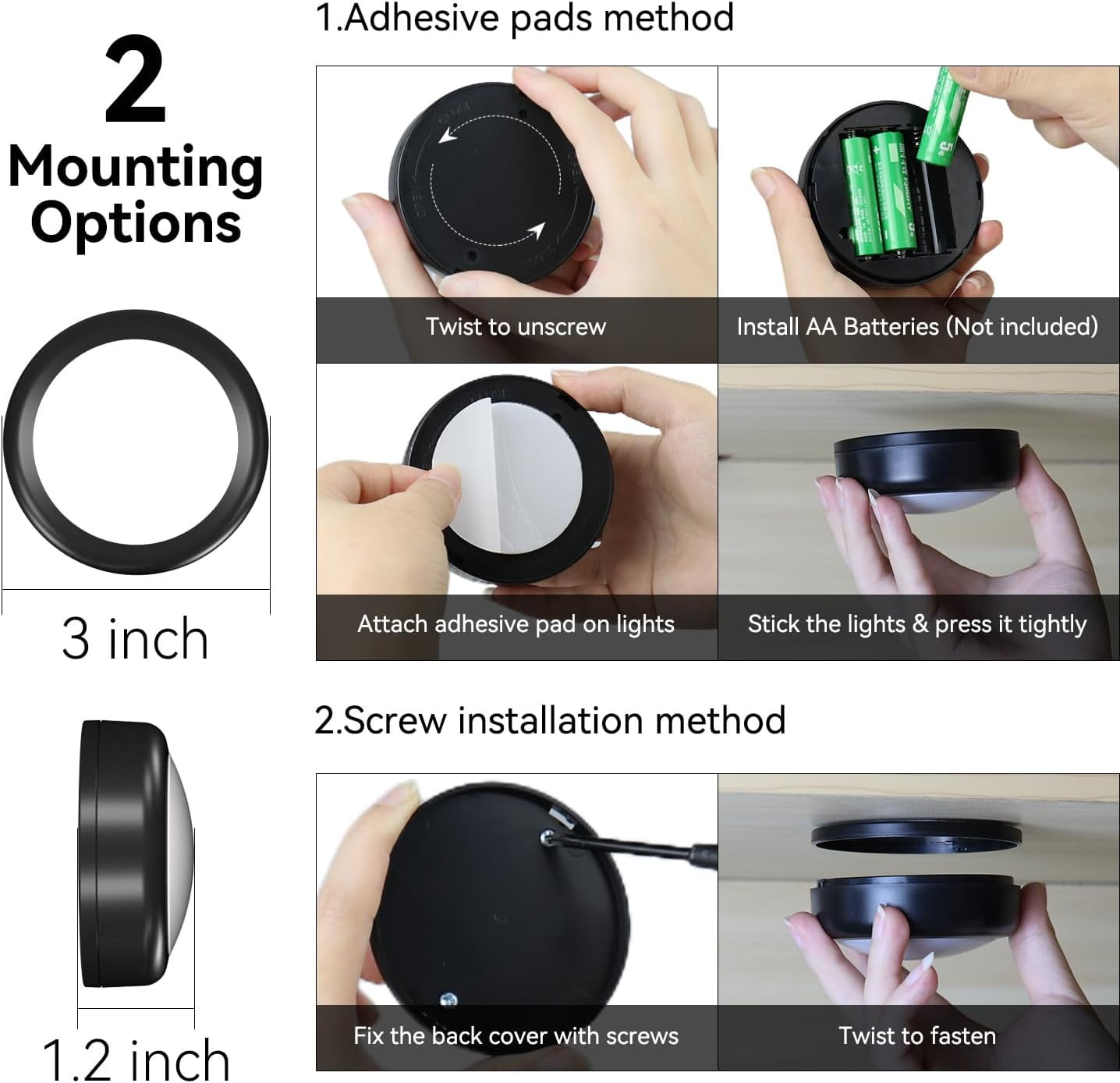 JJEAN-LED Puck Lights with Remote, 13-Color Under Cabinet Lighting Wireless, Battery Operated Stick-On Lights, Dimmable Push Light for Closet/Shelf/Wall (Black-3 Pack)