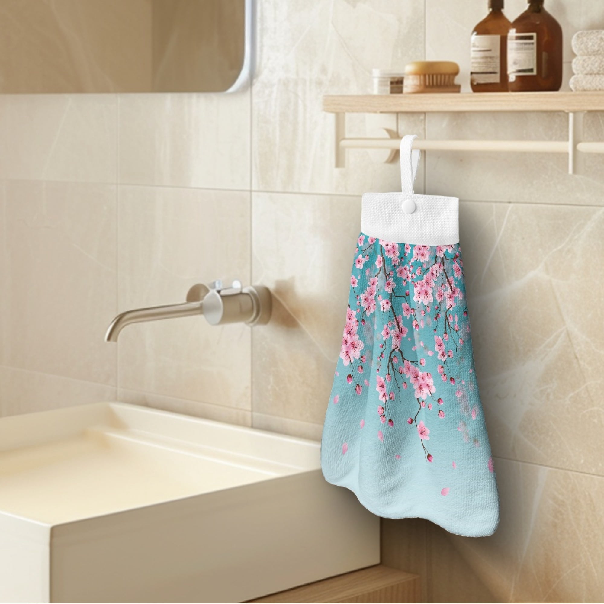 ZIATUBLE Cherry Blossom Kitchen Hanging Towels Absorbent Hanging Dish Towels with Snap Button Kitchen Hand Towels and Washcloths Quick Dry Dish Towel Hand Towels Home Decor
