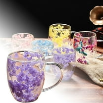 Double Wall Glass Coffee Mugs, Cute Dried Flower Tea Cup, Insulated Clear Glass Espresso Cup with Handle, 12oz Purple Floral Glassware, Novelty Birthday Gifts for Women, Mom, Wife, 3.9 Inch